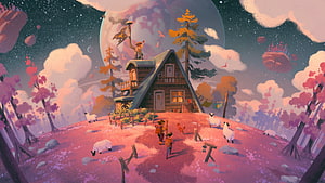 Cozy A-Frame Cabin on a Floating Island with Sheep and Starry Night Sky HD wallpaper