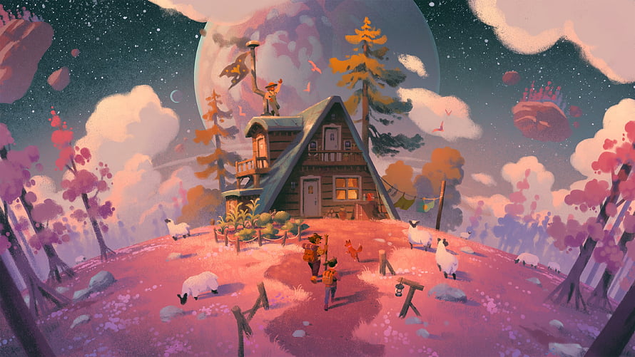 Cozy A-Frame Cabin on a Floating Island with Sheep and Starry Night Sky HD wallpaper