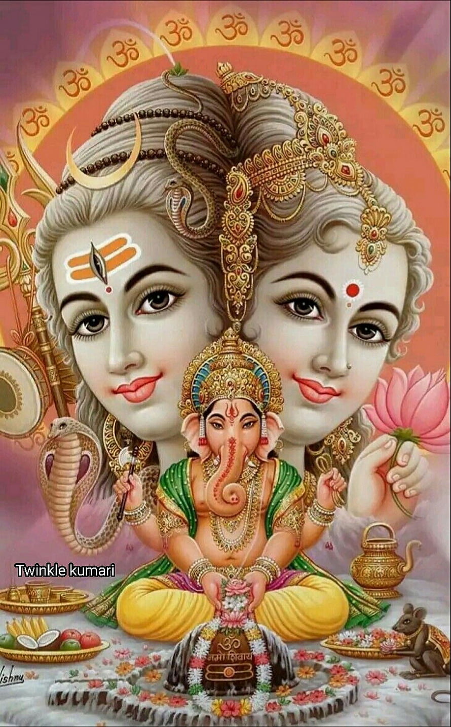 Lord Shiva, Goddess Parvati, and Ganesha in a Devotional Hindu Artwork HD phone wallpaper