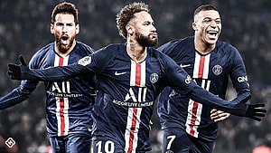 Lionel Messi, Neymar, and Kylian Mbappe Celebrating in Paris Saint-Germain Home Kits HD wallpaper