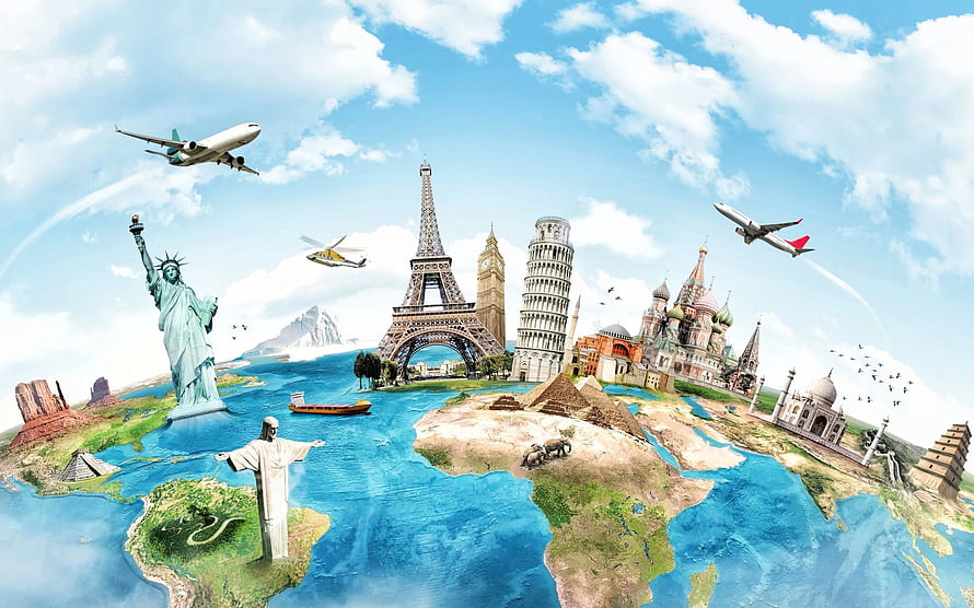 World Travel Collage Featuring Global Landmarks, Airplanes, and Stylized Map HD wallpaper