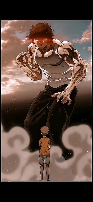 Baki Hanma Towering Over a Boy in Dramatic Manga Illustration HD phone wallpaper
