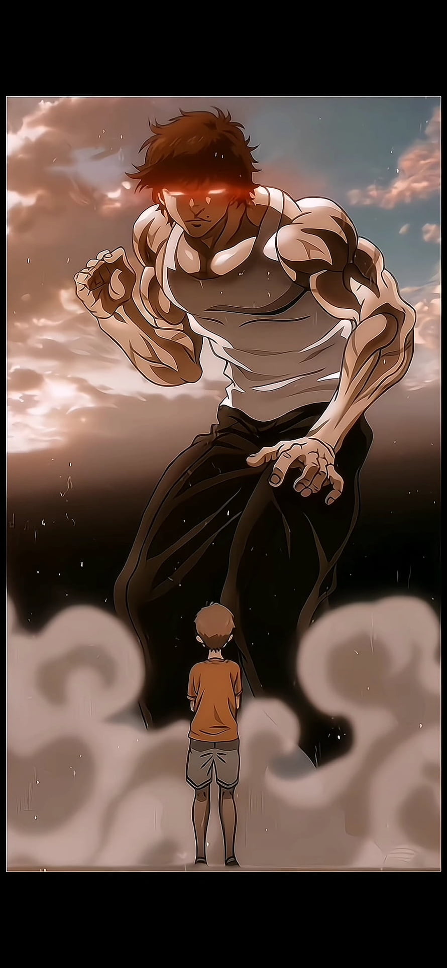 Baki Hanma Towering Over a Boy in Dramatic Manga Illustration HD phone wallpaper