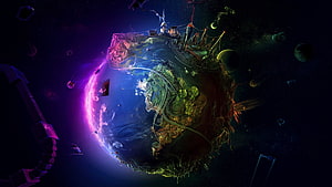 Vibrant Floating Island in Deep Space with Neon Purple Atmosphere and Sci-Fi Structures HD wallpaper