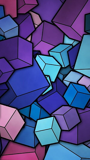 Abstract Geometric Cubes in Blue, Cyan, and Purple with Black Outlines HD phone wallpaper