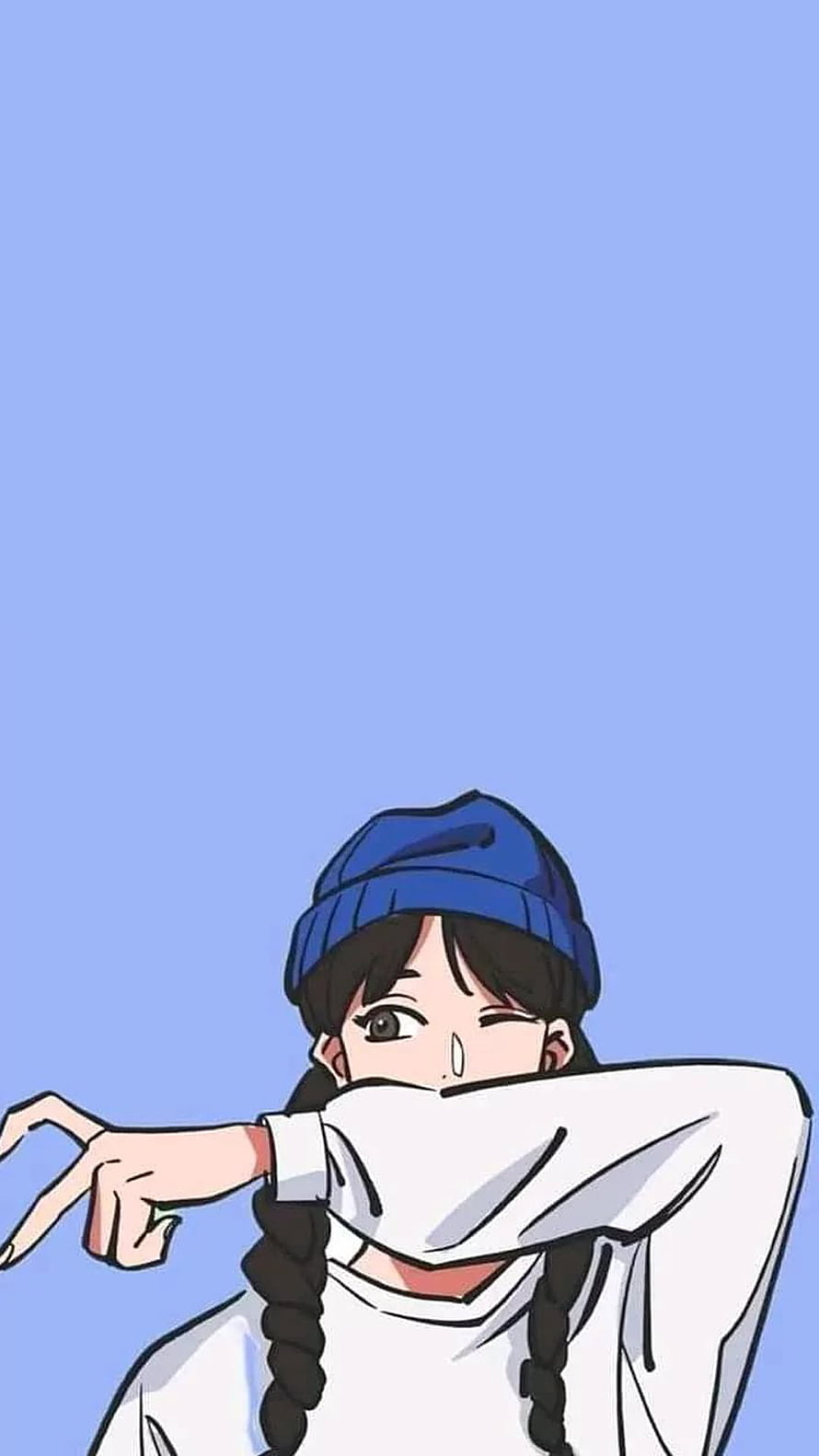 Cute Anime Girl Wearing Blue Beanie With Braided Hair Against Pastel Blue Sky HD phone wallpaper