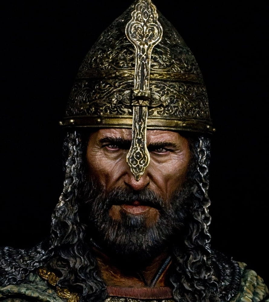 Saladin Historical Portrait: Bearded Warrior in Ornate Golden Helmet and Chainmail HD phone wallpaper
