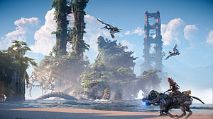 Horizon Forbidden West Aloy Riding Mechanical Beast on Beach with Ancient Ruins HD wallpaper