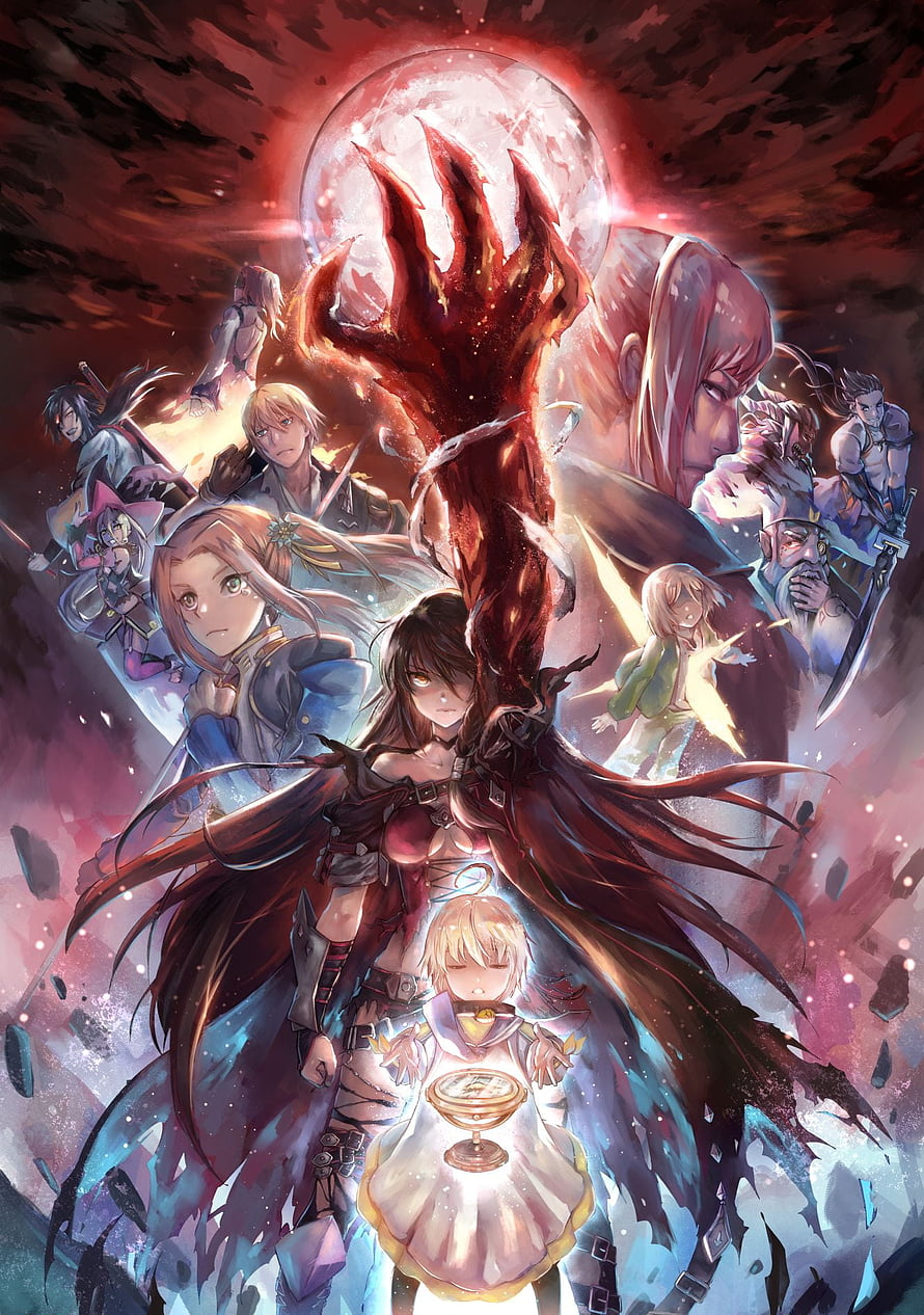 Tales of Berseria Anime Key Art Featuring Velvet Crowe and Ensemble Cast Under a Blood Moon HD phone wallpaper
