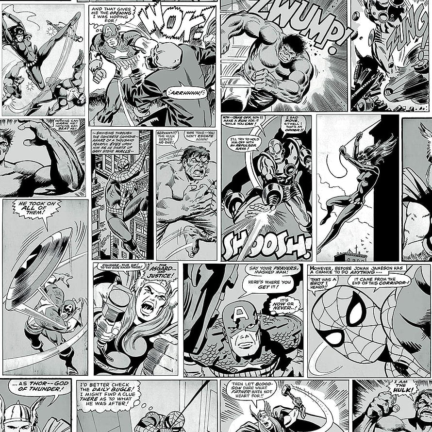 Marvel Avengers Comic Page Featuring Spider-Man, Hulk, Thor, and Captain America in Black and White HD phone wallpaper