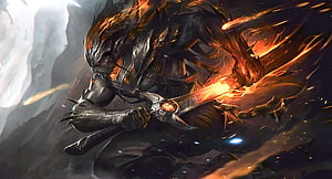Nightbringer Yasuo Wielding a Fiery Blade in Dark Fantasy Armor HD wallpaper