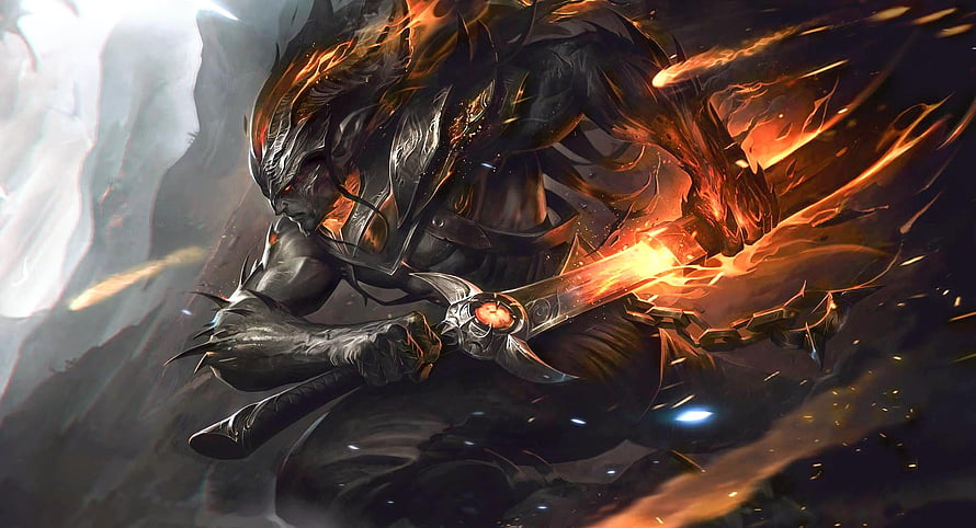 Nightbringer Yasuo Wielding a Fiery Blade in Dark Fantasy Armor HD wallpaper
