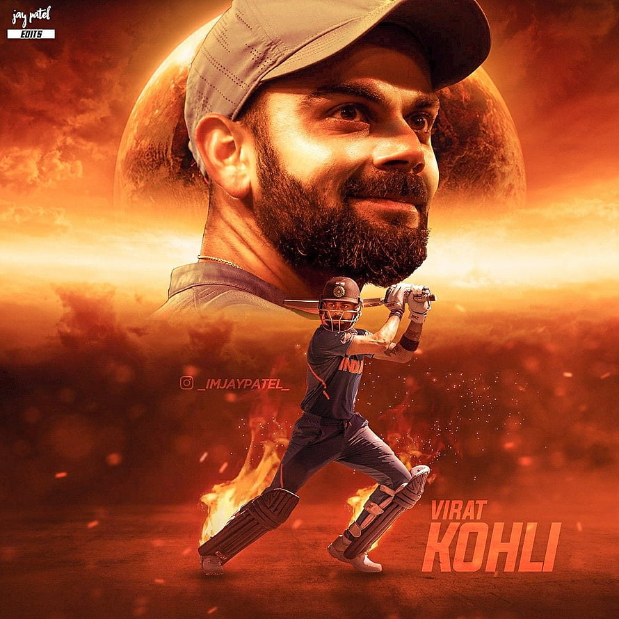 Virat Kohli Cricket Action Artwork with Fiery Orange Background and Dramatic Lighting HD phone wallpaper