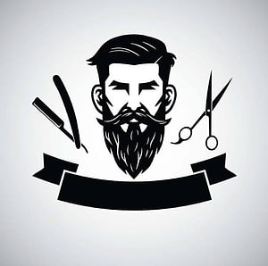 Black and White Barber Logo Illustration Featuring Bearded Man, Scissors, and Razor HD wallpaper