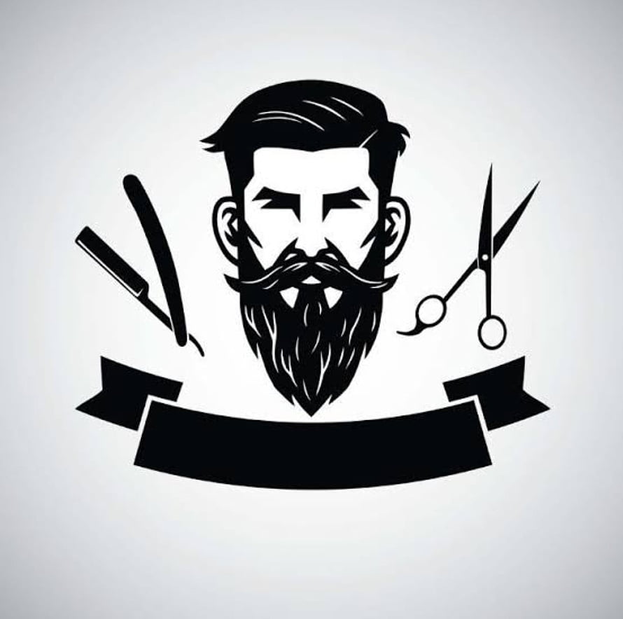 Black and White Barber Logo Illustration Featuring Bearded Man, Scissors, and Razor HD wallpaper