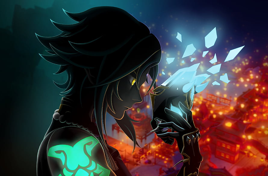 Xiao Yan from Battle Through the Heavens Holding Glowing Crystal in Fantasy City HD wallpaper