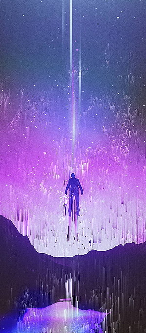 Silhouette of a Man Standing in a Glitch Art Landscape with Purple Nebula Sky HD phone wallpaper