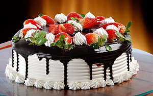 Glossy Chocolate Glaze Strawberry Cream Cake With Fresh Mint Garnish HD wallpaper