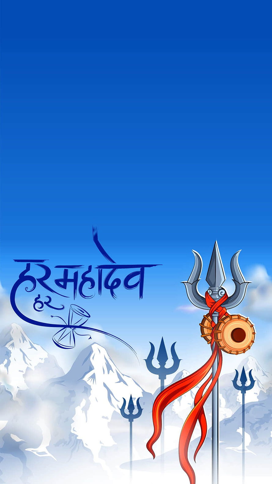 Lord Shiva Trishul and Damaru with Himalayan Mountains and Devanagari Script HD phone wallpaper