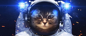 Cute Tabby Cat in Astronaut Helmet with Glowing Blue Lights in Deep Space HD wallpaper