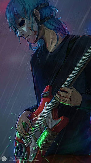 Sally Face Character Playing Electric Guitar in Dark Atmospheric Digital Art HD phone wallpaper