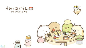 Sumikko Gurashi Characters Enjoying a Sushi Party at a Round Table HD wallpaper