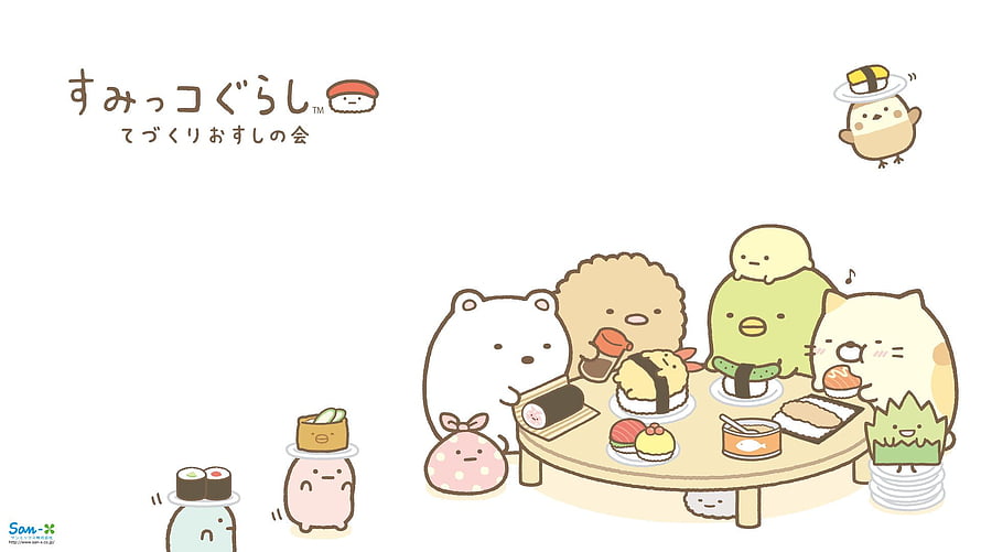 Sumikko Gurashi Characters Enjoying a Sushi Party at a Round Table HD wallpaper