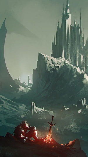Dark Souls Fantasy Artwork: Knight by Campfire Before Snowy Castle HD phone wallpaper