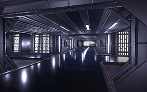 Star Wars Death Star Interior Corridor with Reflective Floor and Industrial Lighting HD wallpaper