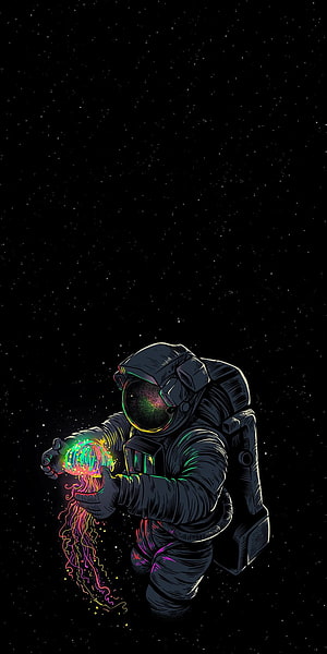 Astronaut Holding Glowing Jellyfish in Deep Space Starfield Illustration HD phone wallpaper