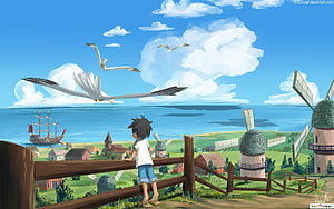 One Piece Anime Concept Art of Boy Gazing at Windmill Village and Sailing Ship HD wallpaper