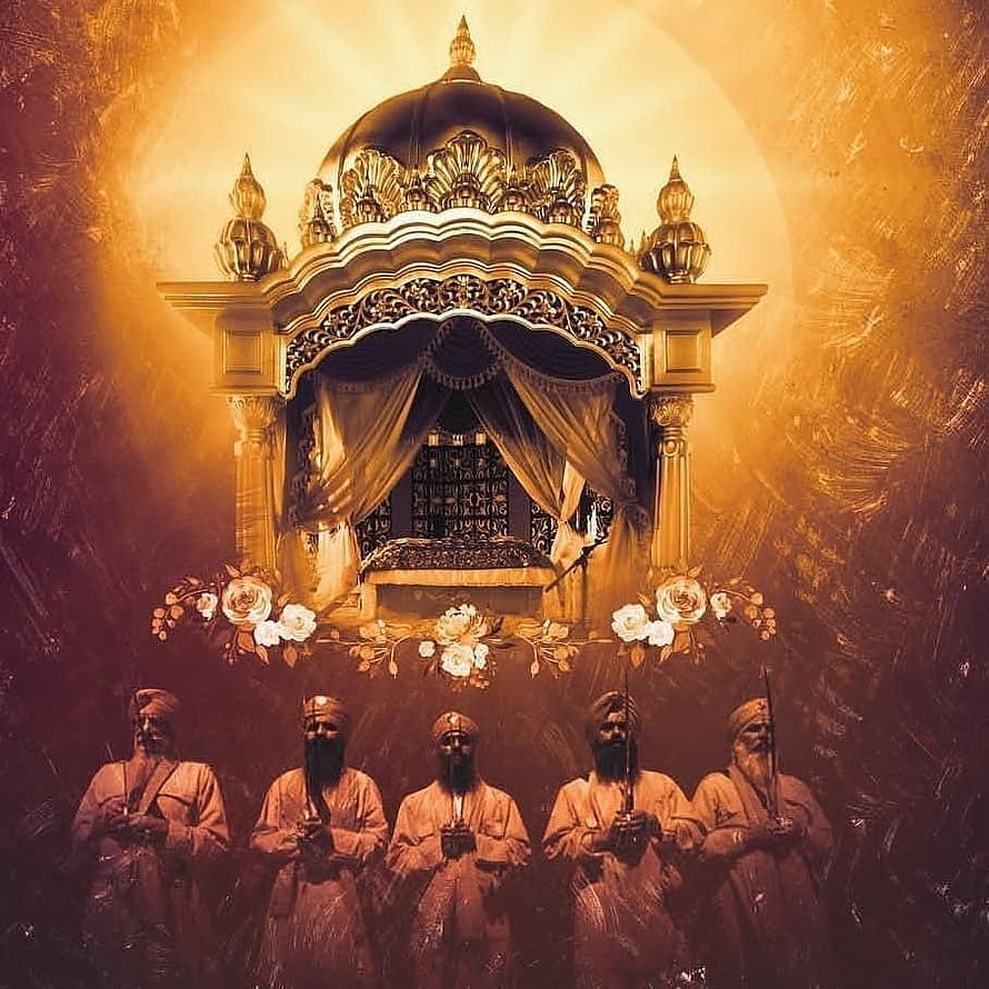 Guru Granth Sahib Ji in Ornate Golden Palki with Devotees in Traditional Attire HD phone wallpaper