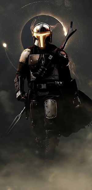 The Mandalorian in Beskar Armor Standing Before a Glowing Eclipse in a Dark Cosmic Landscape HD phone wallpaper