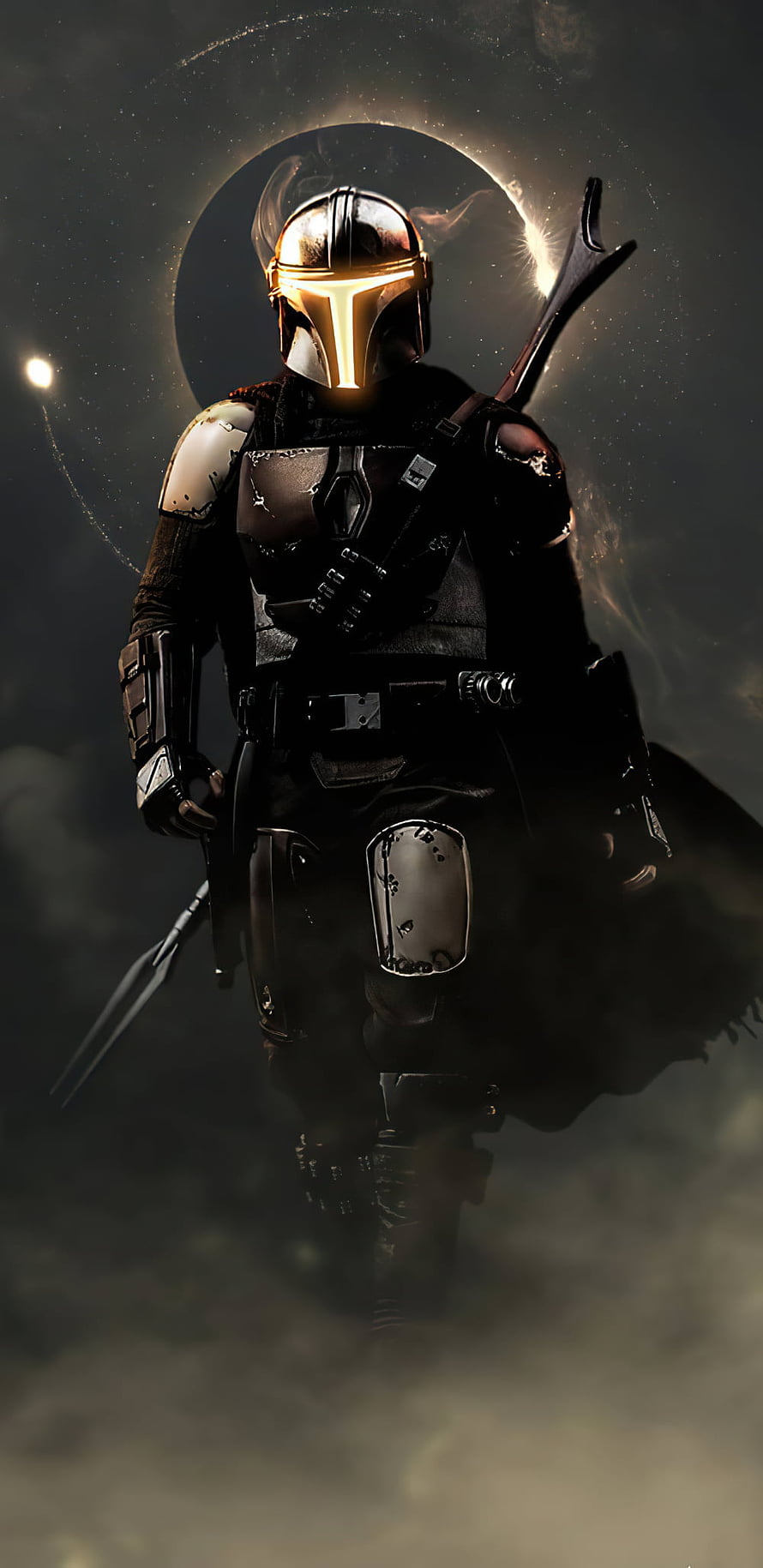The Mandalorian in Beskar Armor Standing Before a Glowing Eclipse in a Dark Cosmic Landscape HD phone wallpaper
