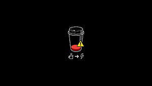 Minimalist coffee cup icon with warning symbol and battery drain concept on black background HD wallpaper