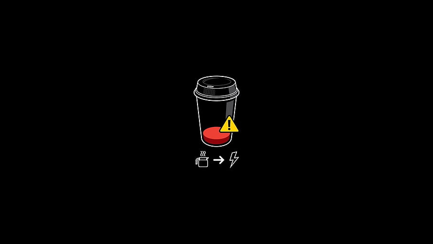 Minimalist coffee cup icon with warning symbol and battery drain concept on black background HD wallpaper