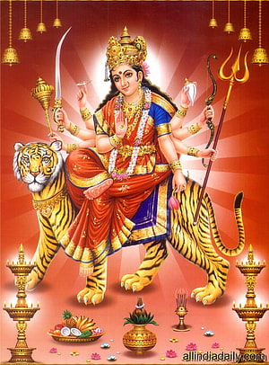 Mata Vaishno Devi Riding Tiger with Trishul and Sword in Traditional Indian Art HD phone wallpaper