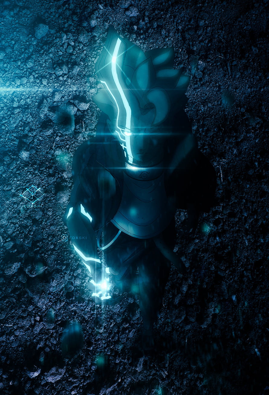 Boruto Uzumaki in Blue Aura Amidst Dark Terrain HD phone wallpaper
