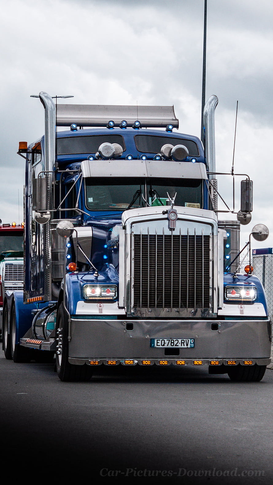 Blue Kenworth Semi Truck with Chrome Grille and LED Lights HD phone wallpaper