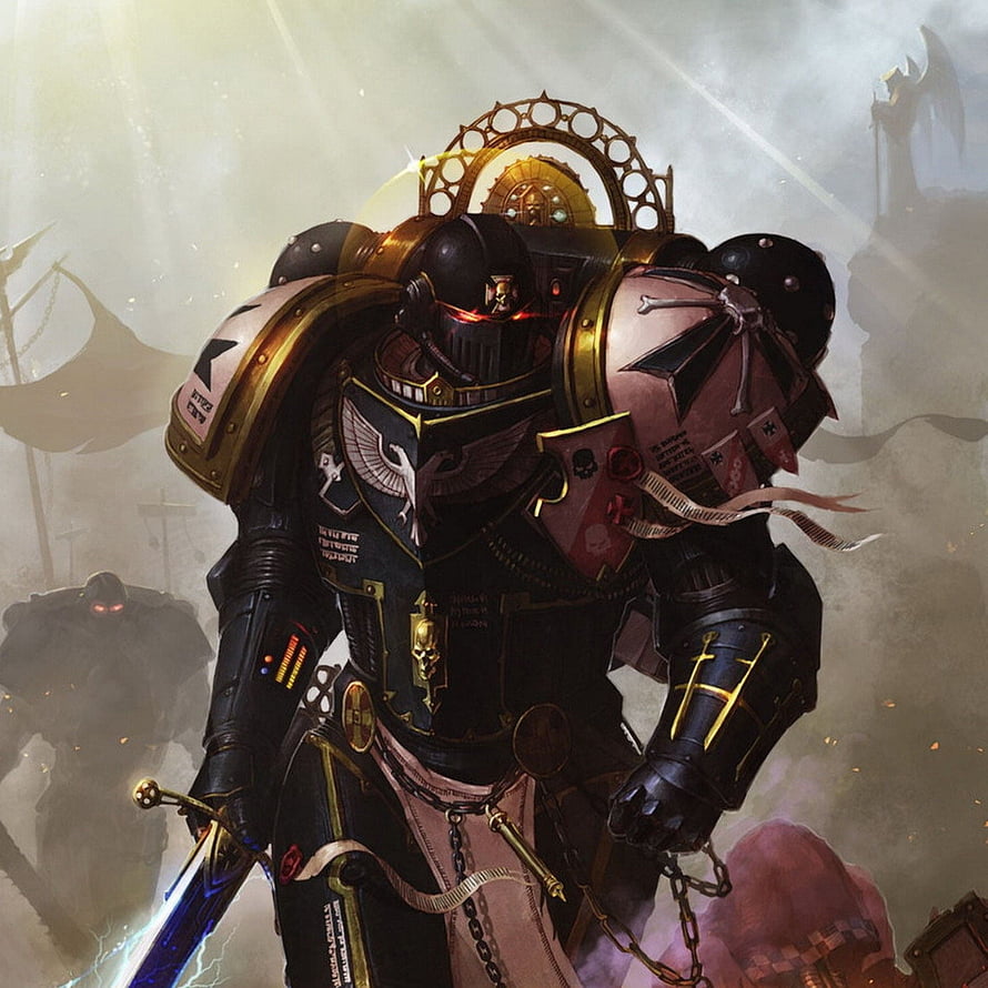 Warhammer 40k Space Marine in Black and Gold Power Armor with Halo and Chains HD phone wallpaper