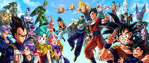Dragon Ball Z Ensemble Cast Featuring Goku, Vegeta, and Major Characters in Dynamic Action Pose HD wallpaper