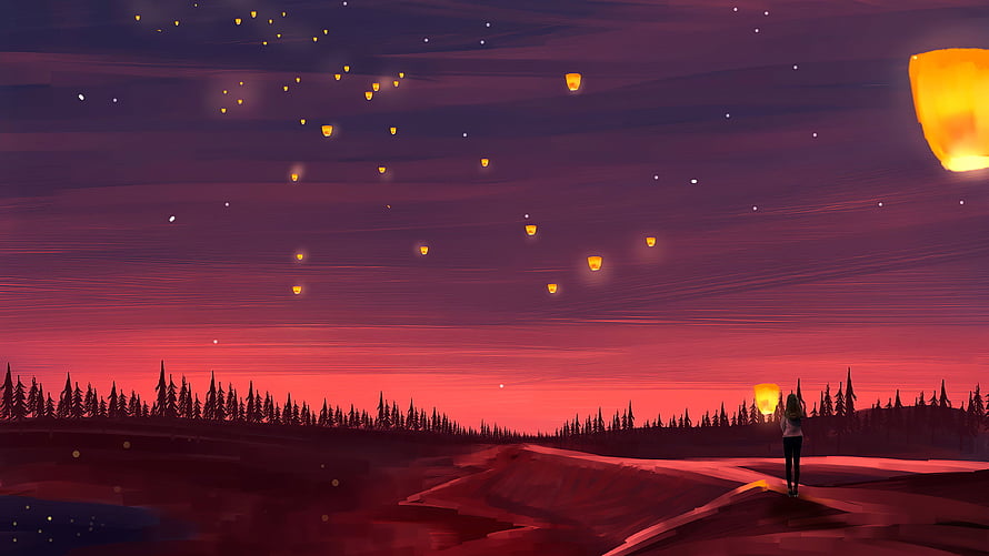 Lone figure releasing glowing sky lanterns over a twilight forest landscape HD wallpaper