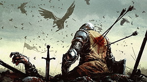 Fallen Medieval Knight Amidst a Brutal Battlefield with Crows and Arrows HD wallpaper