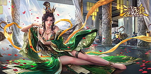 Three Kingdoms Kill Fantasy Woman in Green and Gold Hanfu with Flowing Ribbons HD wallpaper