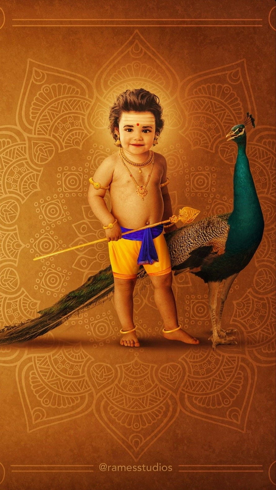 Baby Lord Murugan with Peacock and Vel on Ornate Golden Background HD phone wallpaper