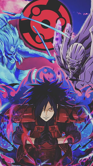 Uchiha Madara in Akatsuki cloak with Susanoo and Rinnegan symbols in vibrant anime art HD phone wallpaper