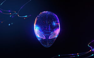 Neon Alien Head with Futuristic Cityscape Reflection and Glowing Orbital Rings HD wallpaper