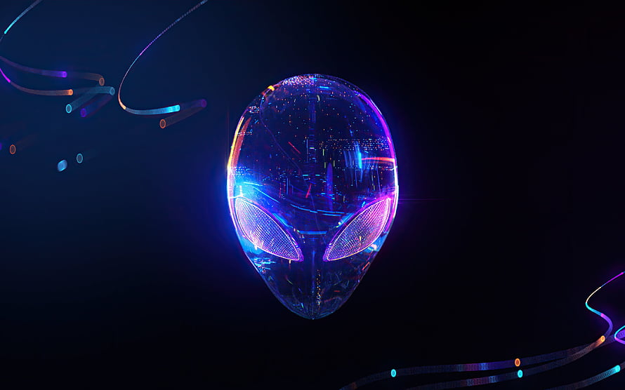 Neon Alien Head with Futuristic Cityscape Reflection and Glowing Orbital Rings HD wallpaper