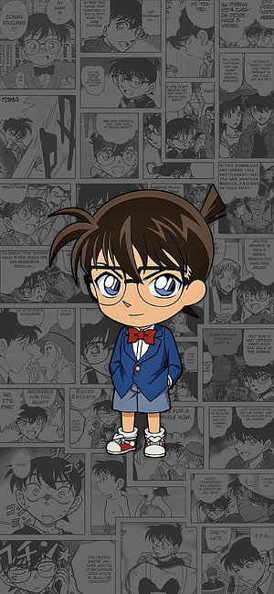 Chibi Detective Conan Character in Blue Suit and Red Bow Tie on Manga Panel Background HD phone wallpaper