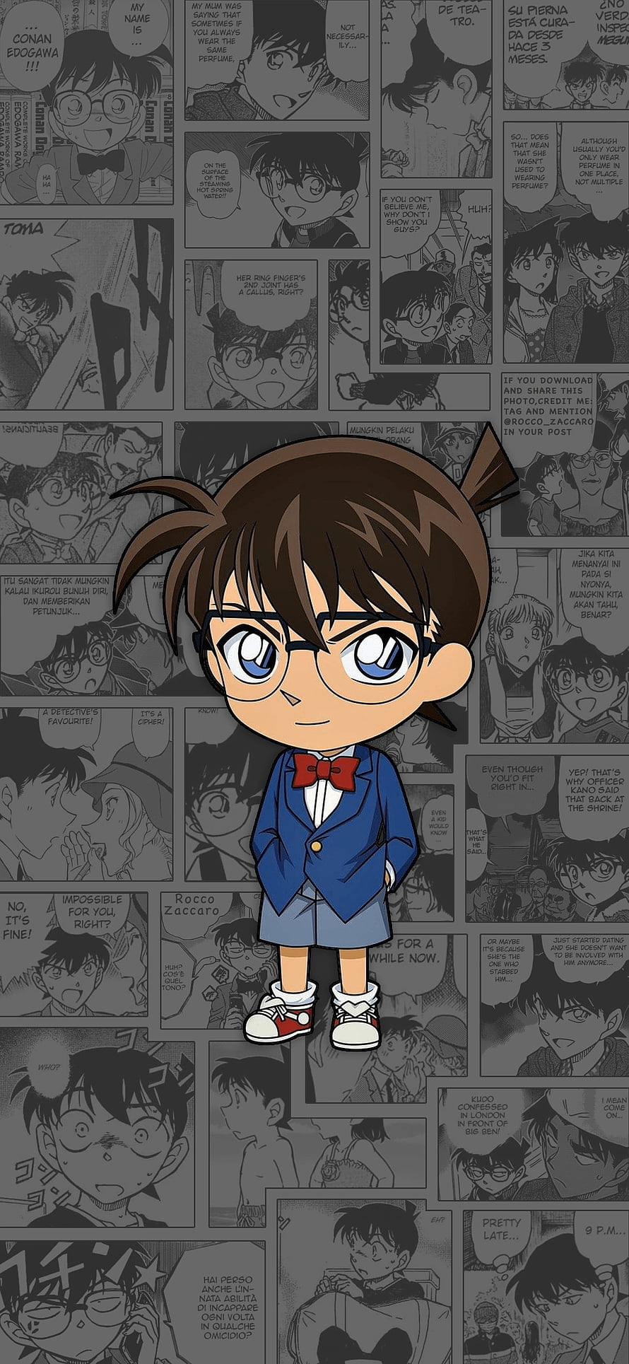 Chibi Detective Conan Character in Blue Suit and Red Bow Tie on Manga Panel Background HD phone wallpaper